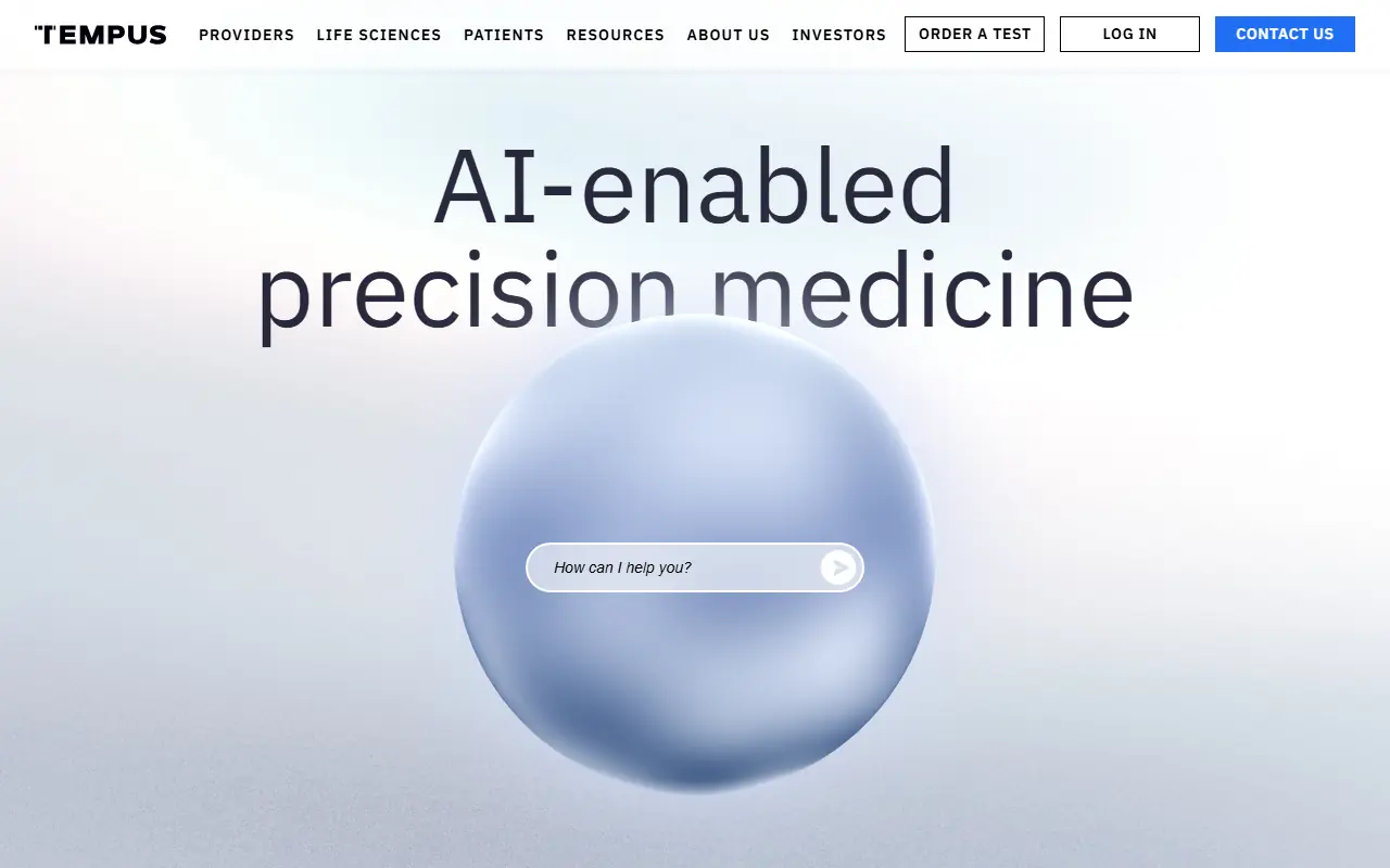 Reference screenshot of the Tempus homepage showing a large AI-enabled precision medicine headline and a pale spherical visual
